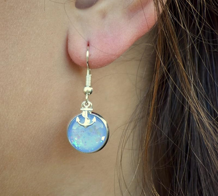 Summerfield Collection Silver-tone Blue Iridescent Glitter Glass Anchor Charm Dangle Earrings