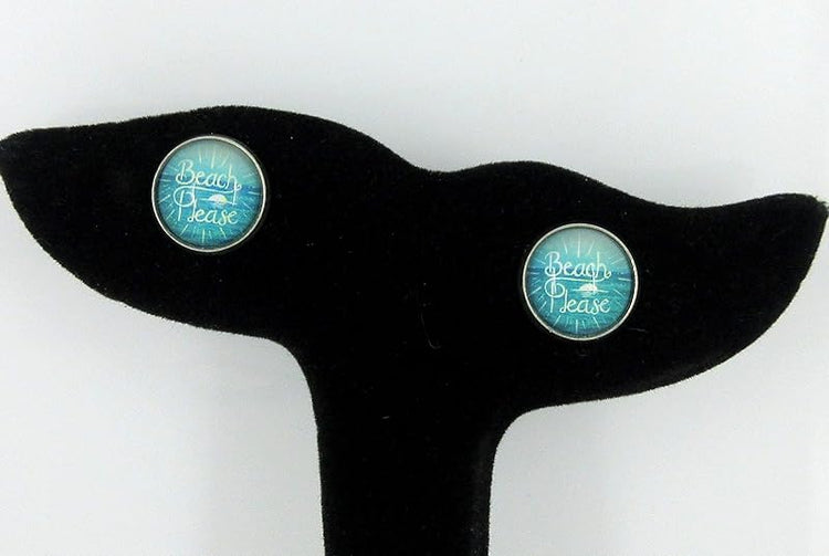 Summerfield Collection Stainless Steel Beach Please Print Glass Stud Earrings 12mm