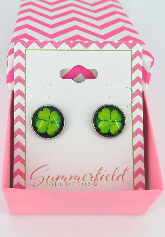 Summerfield Collection Stainless Steel Lucky 4 Leaf Clover Print Glass Stud Earrings 12mm