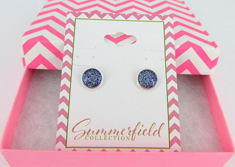 Summerfield Collection Silver-tone Royal Blue and Holographic Glitter Glass Stud Earrings Hand-painted 8mm