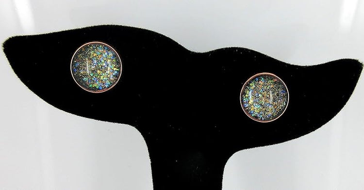 Summerfield Collection Rose Gold-tone Black Iridescent Glitter Glass Galaxy Stud Earrings Hand-painted 12mm