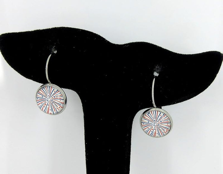 Summerfield Collection Stainless Steel Firework Print Glass Lever-back Drop Earrings 12mm Red White Blue USA