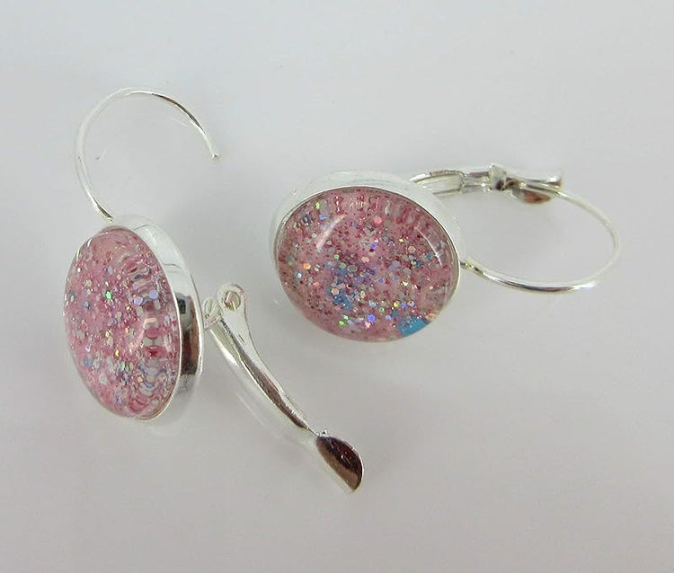 Summerfield Collection Silver-tone Pink Glitter Glass Galaxy Drop Earrings Leverback Hand-painted
