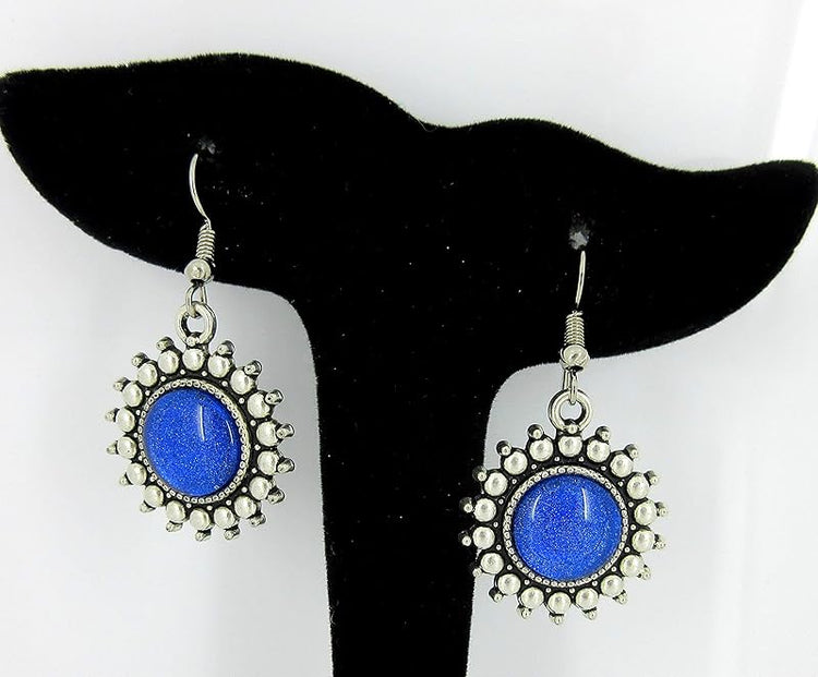 Summerfield Collection Antiqued Silver-tone Royal Blue Glitter Glass Dangle Earrings Hand-painted