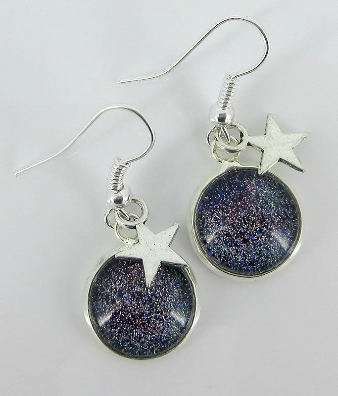 Summerfield Collection Silver-tone Holographic Glitter Glass Star Charm Galaxy Dangle Earrings Hand-painted