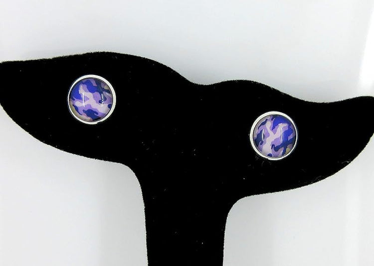 Summerfield Collection Silver-tone Camo Print Glass Stud Earrings 10mm Camoflauge (Purple)