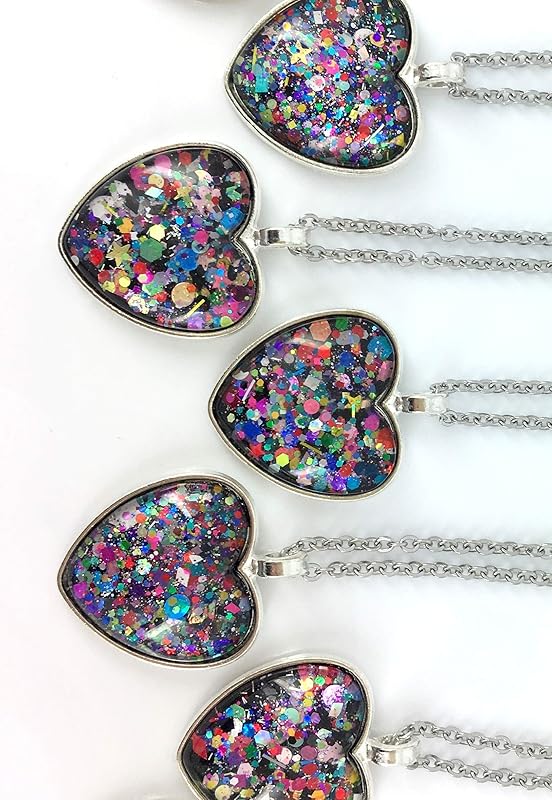 Summerfield Collection Silver-Tone Black and Multi-Color Confetti Glitter Glass Heart Pendant Necklace 20" Chain Stainless