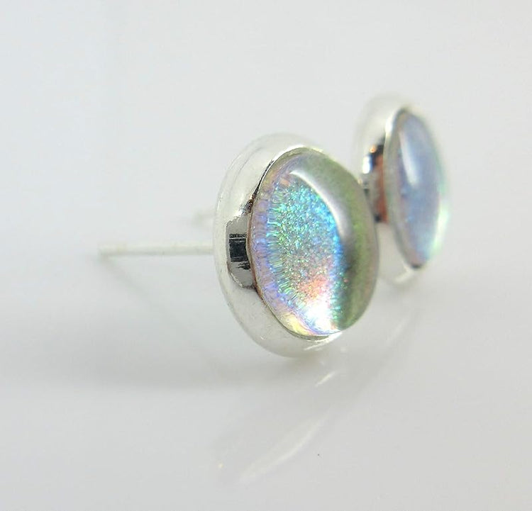 Summerfield Collection Silver-tone Pink to Green Color Shift Glitter Glass Stud Earrings Hand-painted 8mm