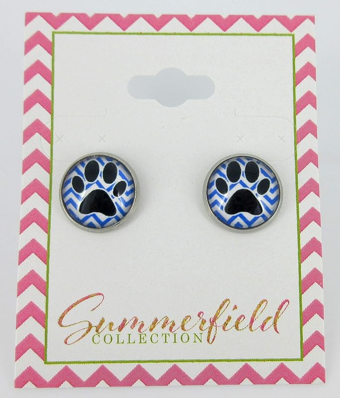 Summerfield Collection Stainless Steel Chevron and Black Paw Print Glass Stud Earrings 12mm (Royal Blue)