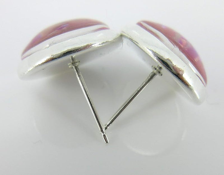Summerfield Collection Silver-tone Pink and Purple Iridescent Glitter Glass Stud Earrings Hand-painted 12mm