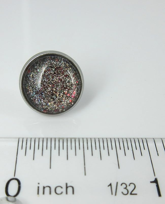 Summerfield Collection Stainless Steel Black with Holographic and Red Glitter Flakes Glass Stud Earrings Hand-painted 12mm
