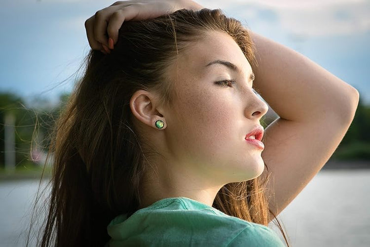 Summerfield Collection Antiqued Gold-tone Green AB Resin Opalescent Flake Stud Earrings 10mm