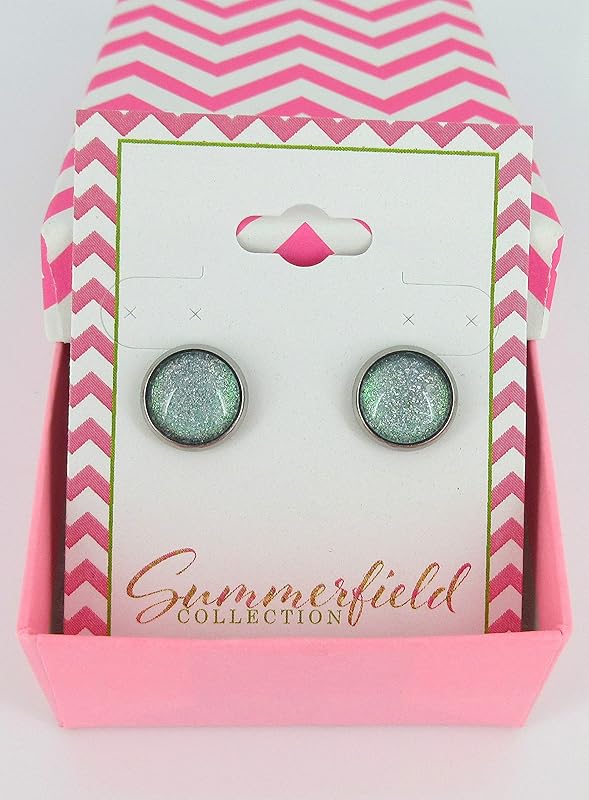 Summerfield Collection Stainless Steel Green with Holographic Glitter Glass Stud Earrings Hand-painted 10mm
