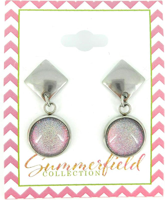 Summerfield Collection Stainless Steel Colorshifting Opalescent Pink Holographic Glitter Glass Post Drop Earrings Handpainted