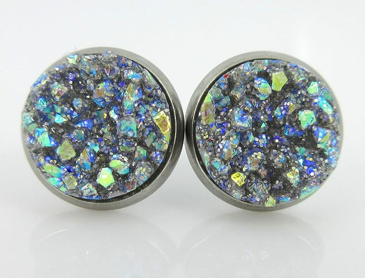 Summerfield Collection Stainless Steel Frost Blue Gray AB Glitter Faux Druzy Stone Stud Earrings (10mm)