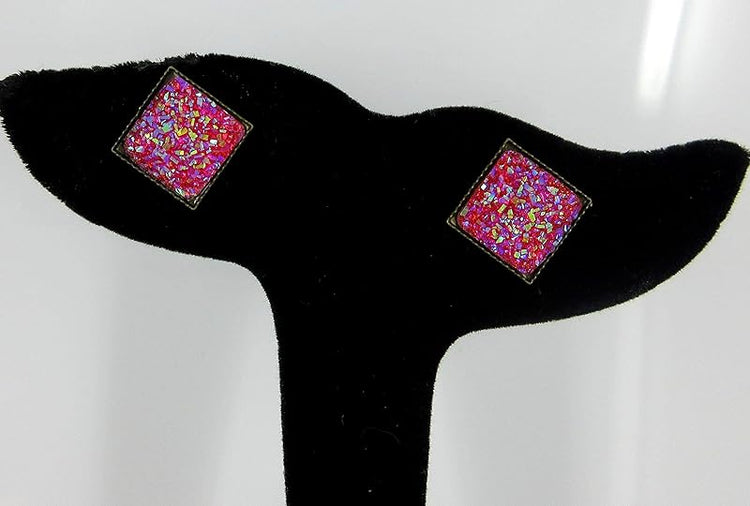 Summerfield Collection Geometric Square Shaped Flat Faux Druzy Stud Earrings 12mm Statement Antiqued Gold-tone (Hot Pink)