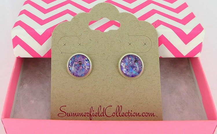Summerfield Collection Silver-tone Purple Unicorn Mix Glitter Glass Stud Earrings Hand-painted 10mm