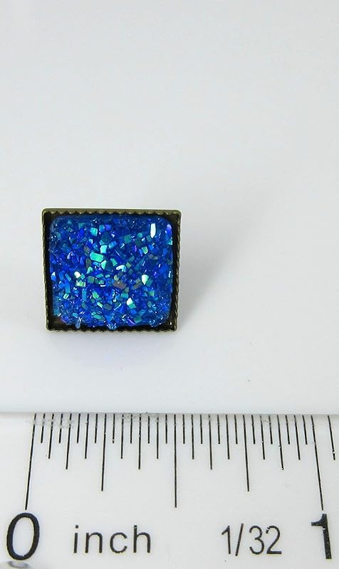 Summerfield Collection Geometric Square Shaped Flat Faux Druzy Stud Earrings 12mm Statement Antiqued Gold-tone (Royal Blue)