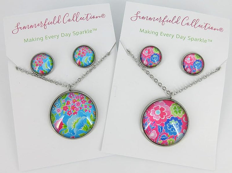 Summerfield Collection Stainless Steel Floral Printed Glass Necklace Stud Earrings Set (Blue)