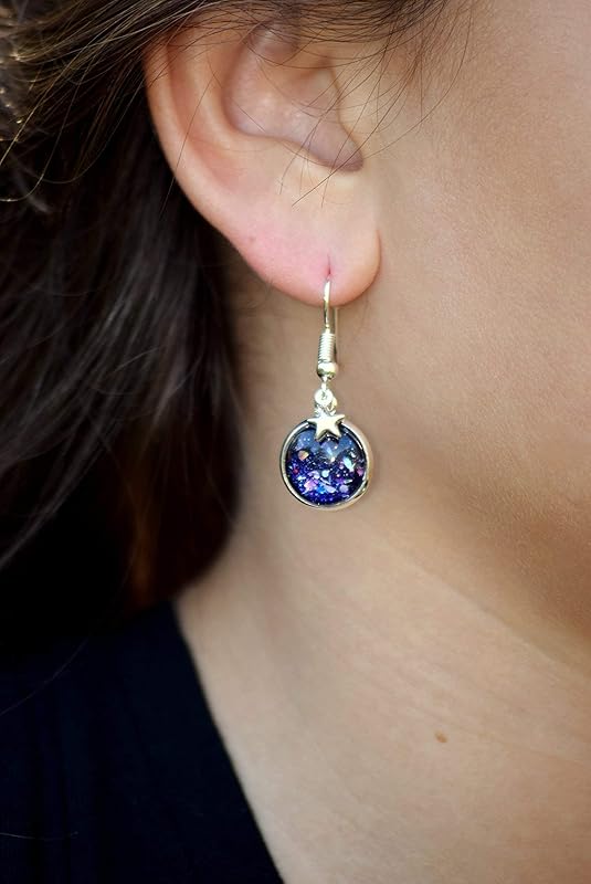 Summerfield Collection Silver-tone Star Gazer Glitter Glass Charm Galaxy Dangle Earrings Hand-painted