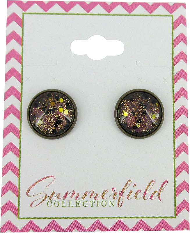 Summerfield Collection Antiqued Gold-tone Black and Silver Glitter Glass Stud Earrings Hand-painted 12mm