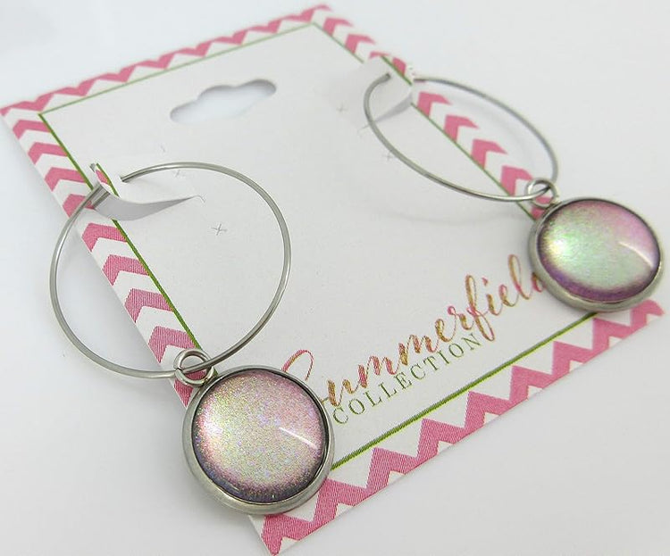 Summerfield Collection Stainless Steel Pink Opalescent Glass Charm Hoop Earrings Hand-painted 1"