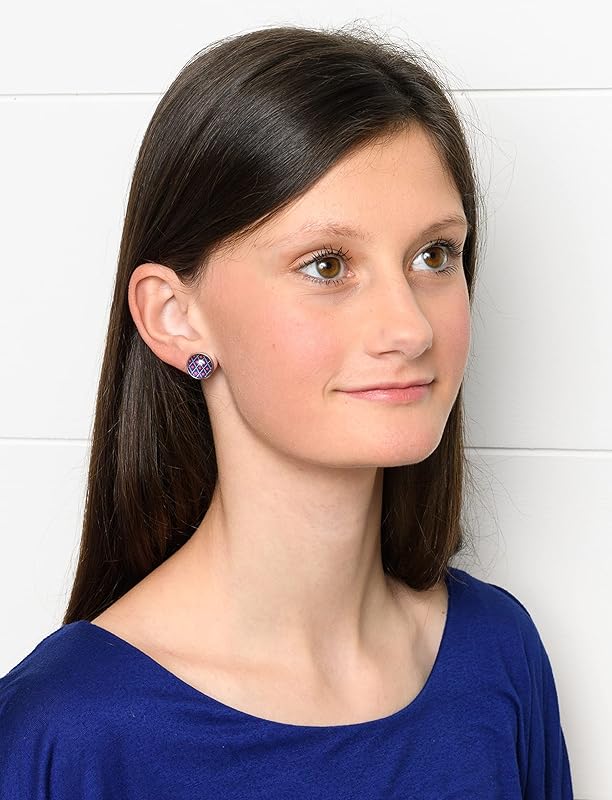 Stainless Steel Patriotic Stars Print Glass Stud Earrings 12mm (Navy Blue)