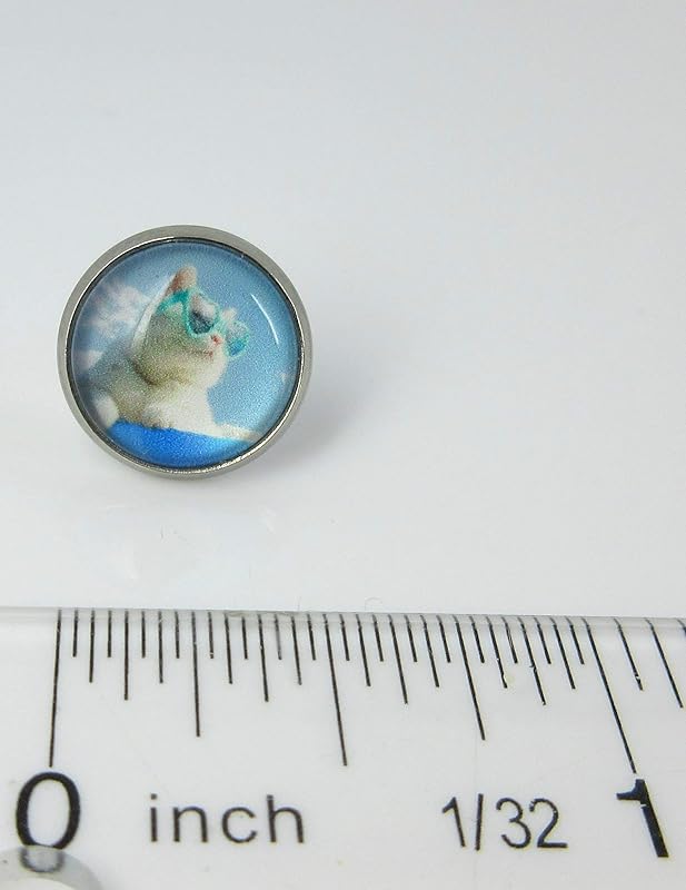 Summerfield Collection Stainless Steel Cat Lover Printed Glass Stud Earrings 12mm (Cruising Cool Cat)