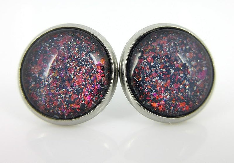 Summerfield Collection Stainless Steel Gray and Rainbow Holographic Glitter Glass Stud Earrings Hand-painted 12mm