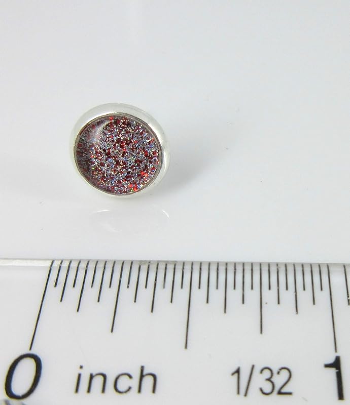 Summerfield Collection Silver-tone Red and Holographic Glitter Glass Stud Earrings Hand-painted 8mm