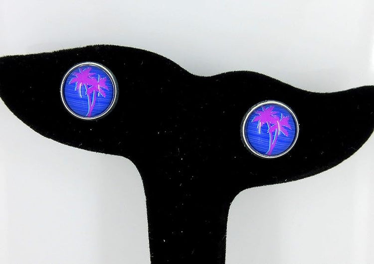 Summerfield Collection Silver-tone Blue and Pink Palm Tree Print Glass Stud Earrings 12mm