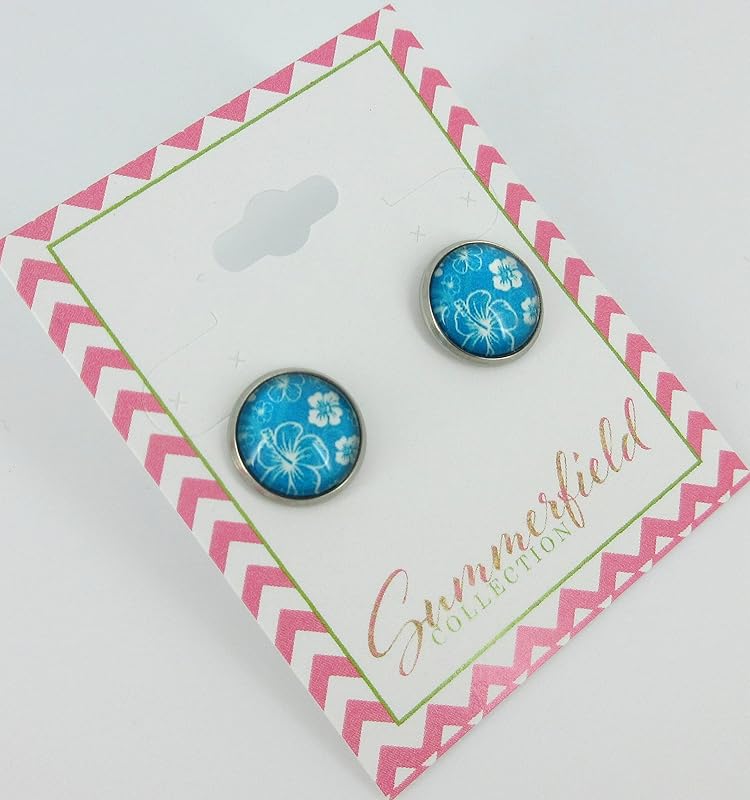 Summerfield Collection Stainless Steel Hibiscus Flower Print Glass Stud Earrings 12mm Hawaiian (Aqua Blue)