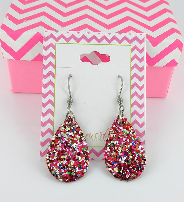 Summerfield Collection Multicolor Glitter Faux Leather Small Teardrop Dangle Earrings Stainless Steel Pink Silver White Green Gold Blue