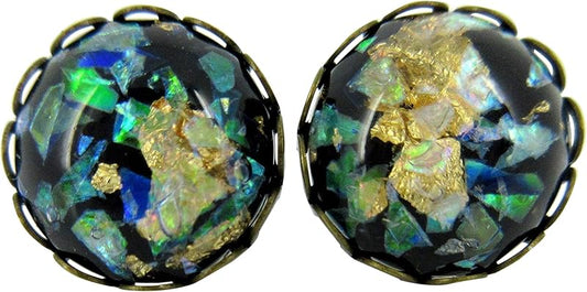 Summerfield Collection Antiqued Gold-tone Black and Opalescent Leaf Resin Stud Earrings 12mm