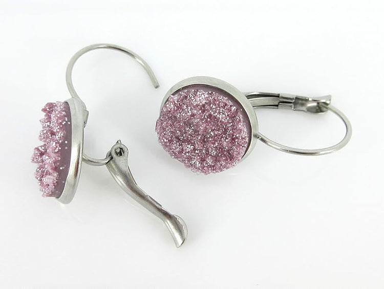 Summerfield Collection Stainless Steel Lilac Glitter Faux Druzy Stone Lever-back Drop Earrings 12mm