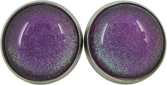 Summerfield Collection Stainless Steel Purple Colorshifting to Green Glitter Glass Stud Earrings Hand-painted 10mm