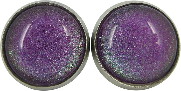 Summerfield Collection Stainless Steel Purple Colorshifting to Green Glitter Glass Stud Earrings Hand-painted 10mm