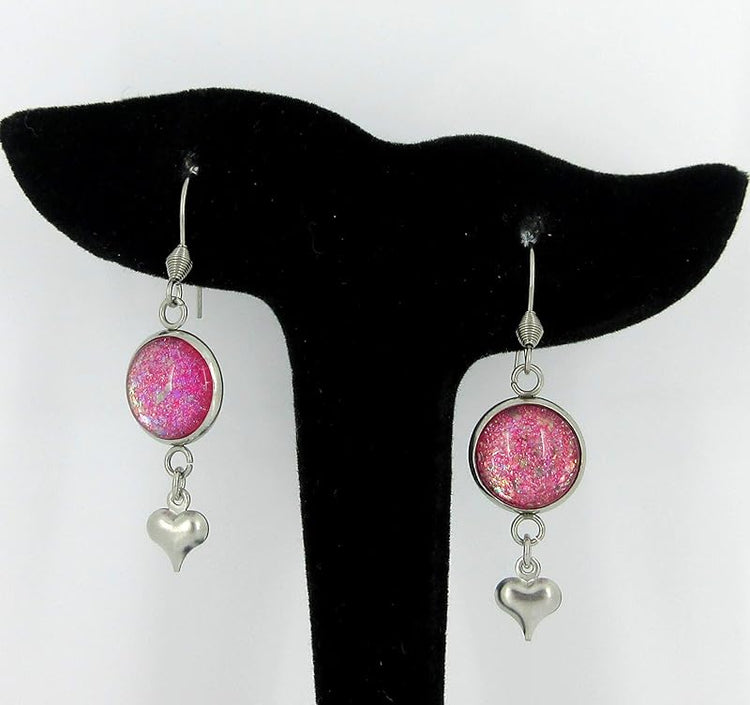 Summerfield Collection Stainless Steel Pink and Iridescent Glitter Flake Glass Heart Charm Dangle Earrings