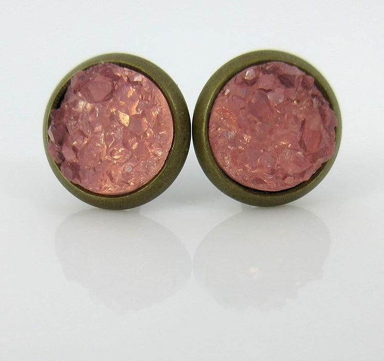 Summerfield Collection Trio Antiqued Gold-tone Stud Earrings 8mm Teal Pink Navy Blue Faux Druzy Stone Set (Teal/Pink/Navy Blue)