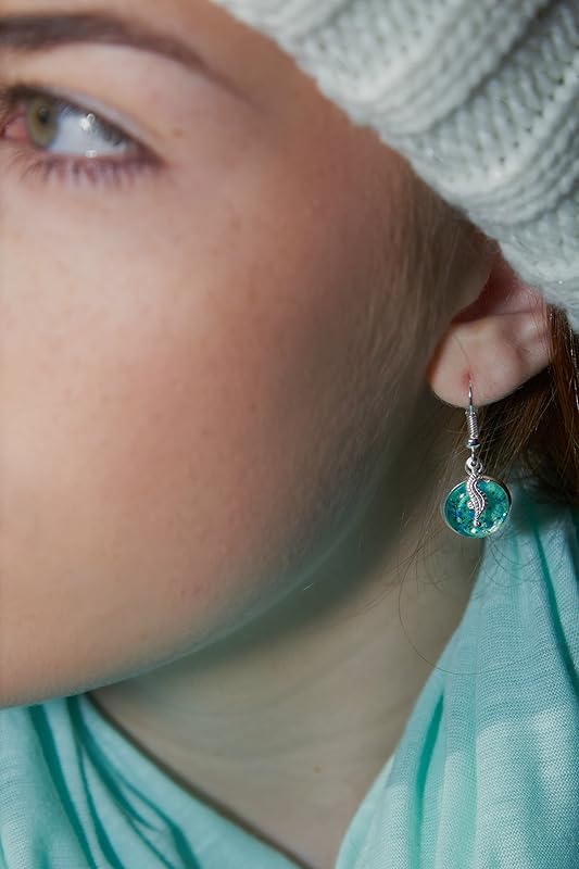 Summerfield Collection Silver-tone Blue Glitter Glass Seahorse Charm Dangle Earrings Hand-painted
