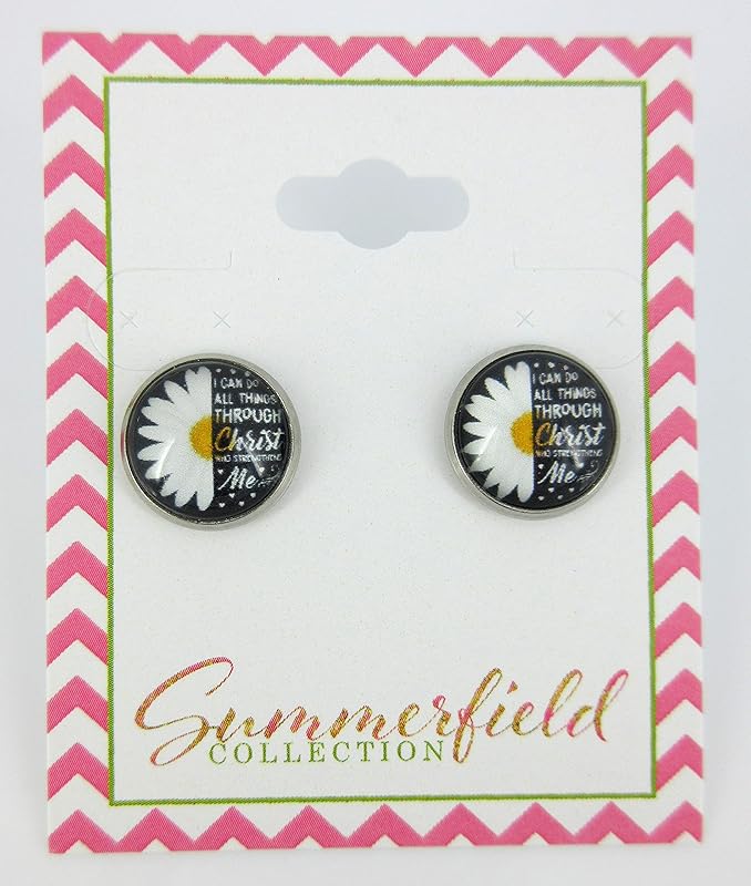 Summerfield Collection Stainless Steel I Can Do All Things Through Christ Print Glass Stud Earrings 12mm Daisy