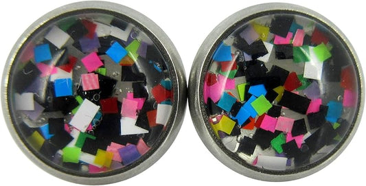 Summerfield Collection Stainless Steel Pixel Party Glitter Glass Stud Earrings Hand-painted 10mm