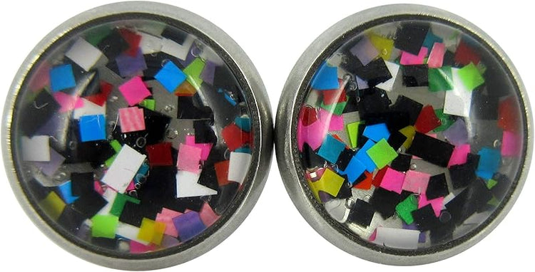 Summerfield Collection Stainless Steel Pixel Party Glitter Glass Stud Earrings Hand-painted 10mm