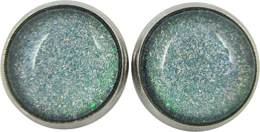 Summerfield Collection Stainless Steel Green with Holographic Glitter Glass Stud Earrings Hand-painted 10mm