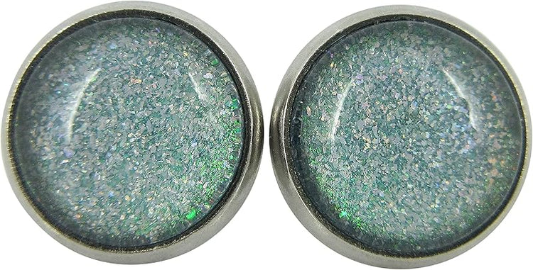 Summerfield Collection Stainless Steel Green with Holographic Glitter Glass Stud Earrings Hand-painted 10mm