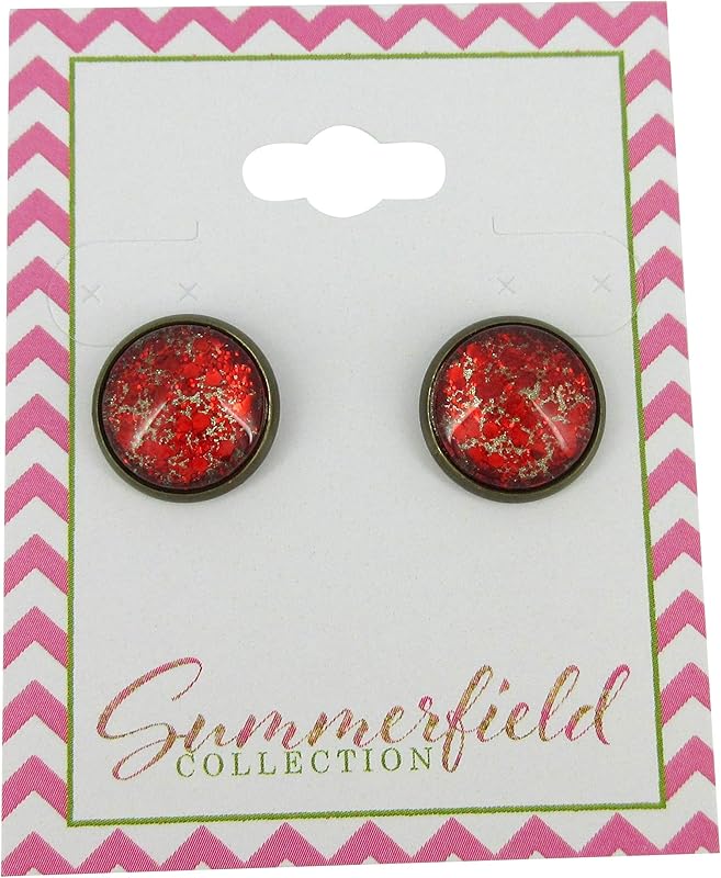 Summerfield Collection Antiqued Gold-tone Red Glitter Glass Stud Earrings Hand-painted 12mm