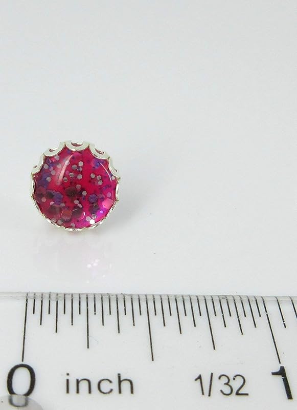 Summerfield Collection Silver-tone Hot Pink Glitter Glass Stud Earrings Hand-painted 10mm