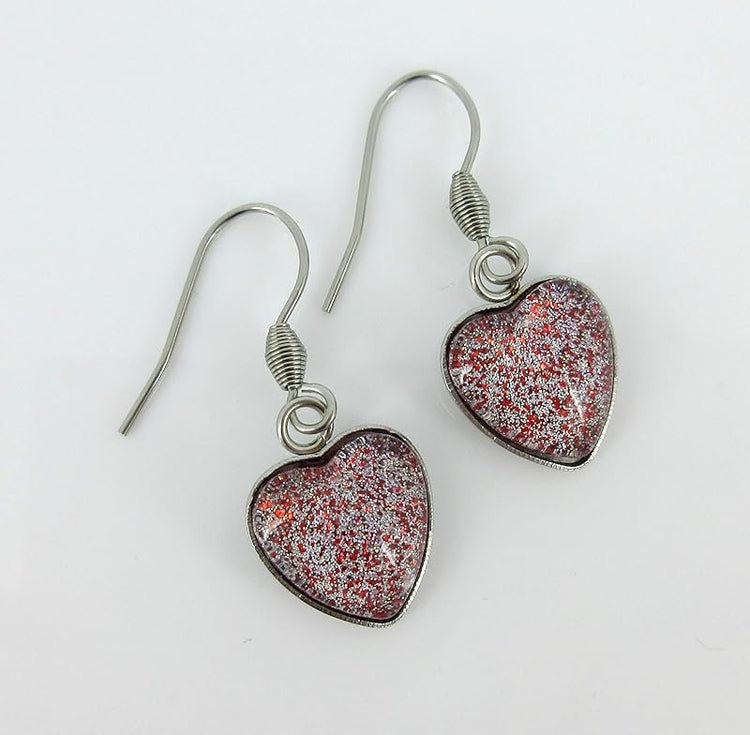 Summerfield Collection Red and Holographic Hand-painted Glass Heart Choker Necklace Faux Black Suede Cord Dangle Earrings Set