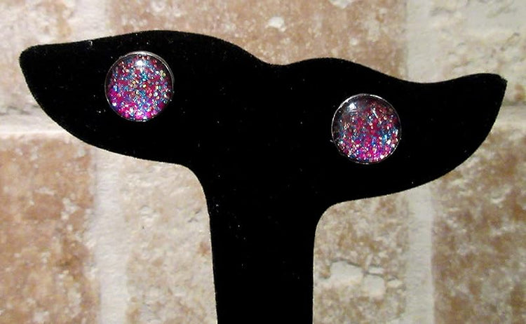 Summerfield Collection Hematite-tone Magenta Pink Confetti Glitter Glass Stud Earrings Hand-painted 12mm