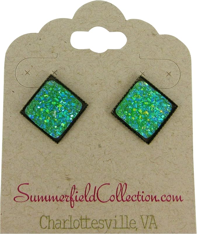 Summerfield Collection Geometric Square Shaped Flat Faux Druzy Stud Earrings 12mm Statement Antiqued Gold-tone (Green)